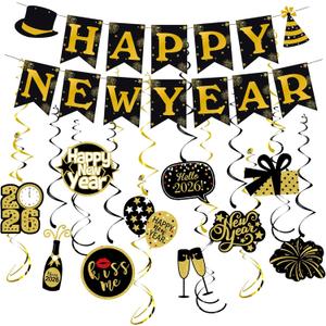 JOJO FLY New Years Eve Party Decorations Kit, Happy New Year Banner, Black and Gold Hanging Swirls for Happy New Year Decorations 2026, NYE Decorations 2026