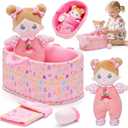 OUOZZZ 10" Soft Baby Doll Set with Plush Doll, Bassinet, Blanket and Bottle, Baby Doll Accessories Pretend Playset Emotional Social Toys Gifts for 2 Year Olds Girls Valentine Birthday Gift