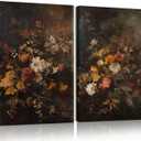 2pcs Vintage Dark Floral Canvas Wall Art Moody Autumn Floral Wall Decor Pictures Country Flowers Posters Prints Still Life Paintings for Farmhouse Living Room Bedroom Dining Room Decor 16x24 Inch