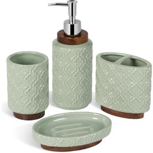 RQYIXI 4 Piece Bathroom Accessories Set, Green Ceramic Bath Accessory Set with Wood Accents, Soap Dispenser, Toothbrush Holder, Tumbler and Soap Dish, Elegant Bathroom Countertop Decor