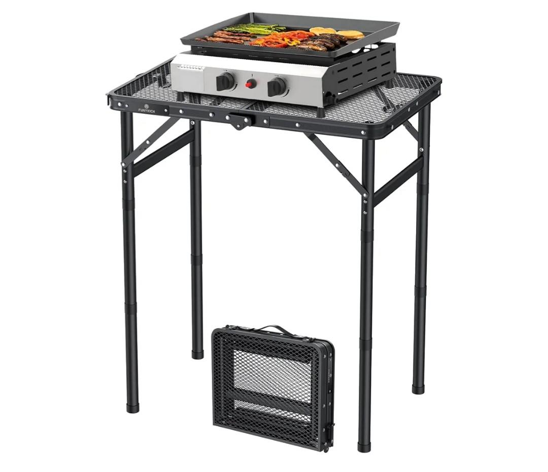 FUNYKICH Folding Grill Table for Outside, 3 Height Adjustable Portable Camping Tables, Lightweight Metal Aluminum Outdoor Table with Portable Handle for Camping, Picnic, BBQ, 23''x16'', Black