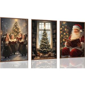 3pcs Christmas Prints Wall Art - Festive Christmas Tree with Gifts Paintings Children Caroling Poster Santa Claus Reading Picture Wall Decor for Home Living Room Bedroom Christmas Holiday Decor Unframed (12x16)
