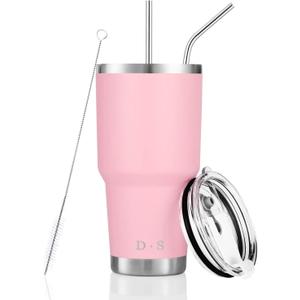 DS 30 oz Pink Tumbler Stainless Steel Double Wall Vacuum Insulated Mug with Straw and Lid, Cleaning Brush for Cold and Hot Beverages (30oz Pink)