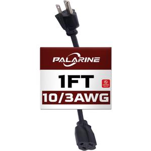 1ft Black Extension Cord Waterproof, UL Listed, 10/3 SJTW Heavy Duty 3 Prong, 10 Gauge 15A Power Cord Ideal for Lights, Appliances, and Lawn