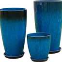 24,21,11 Inch Large Plastic Planters with Drainage Hole and Saucer - Set of 3 Tall Plant Pots Indoor Flower Pot Tall Round Planters Outdoor Large Tall Planter (Dark Blue)