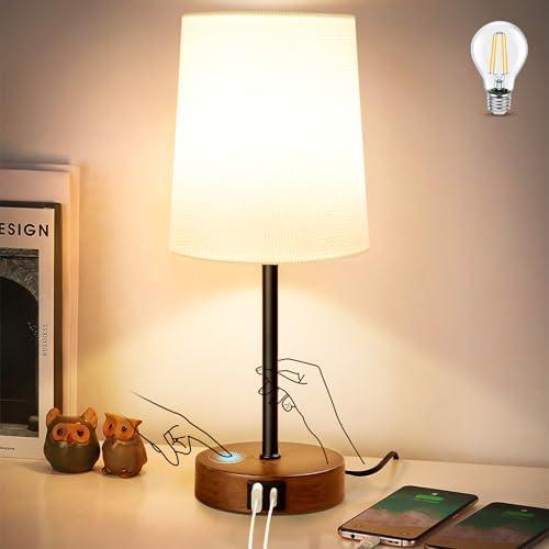 LuxeBeam Modern USB & Type-C Bedside Lamp with Touch Control, Dimmable Table Lamp with White Fabric Shade Enhanced with Gold Threads, Includes LED Bulb - Ideal for Bedroom, Office, Dorm