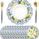 50Pcs Lemon Round Paper Placemats,13.4 Inch Cyan Blue Tiles Lemon Paper Place Mats Summer Fruit Scalloped Disposable Table Mats for Party Kitchen Dining Holiday Birthday Party Supplies