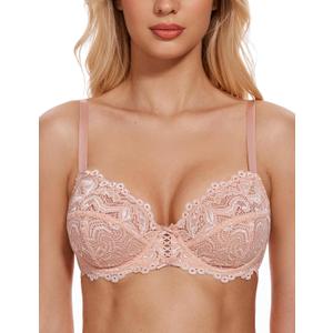 Wingslove Women's Sexy Lace Bra Non Padded Underwire Unlined Bra Full Coverage Plus Size Lace Bralette (Pink)