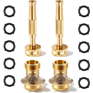 2 Set Garden Brass Hose Nozzle Kit, Heavy Duty Adjustable Dial Hoses Nozzle, Jet High Pressure Water Sprayer, Upgraded Wing Handle Hose Shut Off Valve, 3/4" GHT Connector, Extra 10 Rubber Washers, 3.35 inches , 1.77 inches