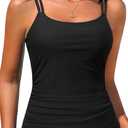 Tummy Control Tankini Top for Women - Ruched Slimming Swim Top Only Double Straps Modest Bathing Suit Top No Bottom (Small, Black)