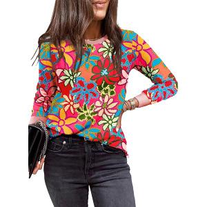 Sulozom Womens Long Sleeve Shirts Crewneck Leopard Printed Tops for Women Casual Dressy Blouses Tee Basic Tops Size L