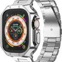 Compatible with Apple Watch Ultra 3/2/1 Band and Case, Stainless Steel Metal Chain with TPU Cover, Smart-Watch Link Bracelet Strap for men, Wrist-Band for i-Watch Ultra, 49mm, Silver