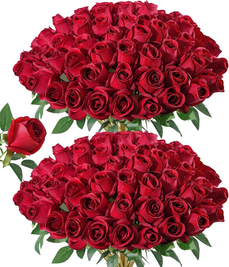 DREAMLOOM 50pcs Roses Artificial Flowers, Fake Roses Realistic with Long Stems Real Touch Silk Flowers Bouquet for Valentine's Day Wedding Anniversary DIY Floral Arrangement Gifts for Her, Red