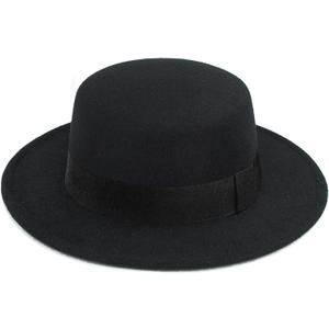 Classic Black Flat-Top Fedora Hat Wide-Brim Pork-Pie Hat Boater Hat Church Dery Cap for Women Men (Medium)