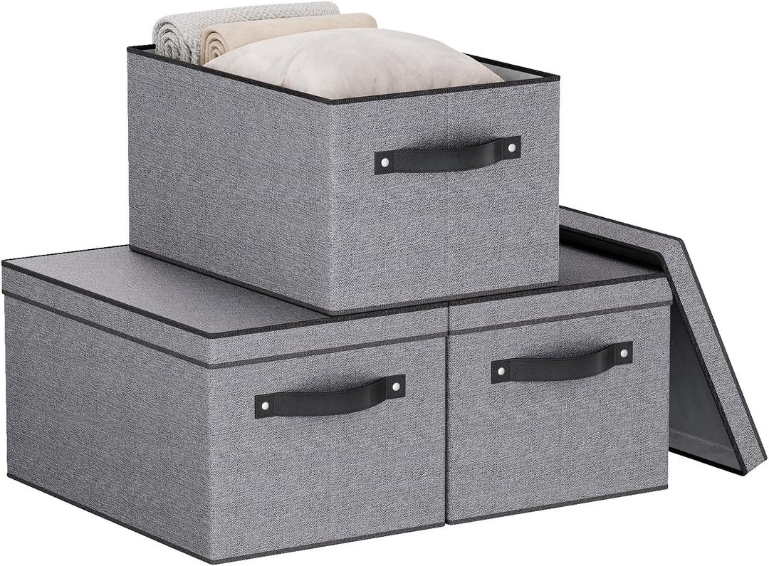 Storage Boxes, 15 x 9.8 x 8.3 Inch Baskets for Organizing with Lids, Fabric Bins with Handles, Decorative Linen Closet Organizers, Gray, 3 Pack (Medium3 Pack)