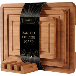 3-Piece Deep Carbonized Bamboo Cutting Board Set with Vertical Drying Stand | Wooden Chopping Boards for Kitchen | Extra Deep Juice Grooves & Easy-Carry Side Handles | Gift-Ready