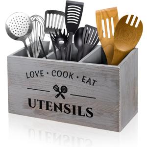 Utensil Holder with 3 Compartments, Rustic Wood Utensil Caddy Crocks for Kitchen Counter, Farmhouse Flatware Organizer Storage Box for Silverware Fork Spoon Spatula (Grey)