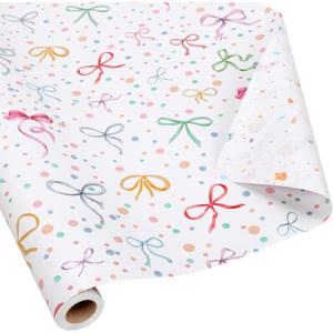 LaRibbons Reversible Bow Wrapping Paper Jumbo Roll with Pink Pom Pom, Coquette Bow & Colorful Terrazzo Design Gift Wrap for Girls, Women, Baby Shower, Birthday Party, 30 Inch 40 Feet (100 sq. ft. ttl.) Dots And Bow