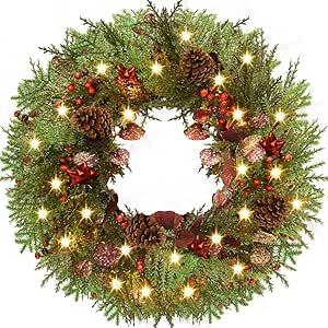 Rocinha 24'' Artificial Christmas Wreath with Lights, Red Berry & Pine Cones, Battery Operated Christmas Wreaths for Front Door, Window, Fireplace, Wall, Christmas Decorations for Indoor and Outdoor