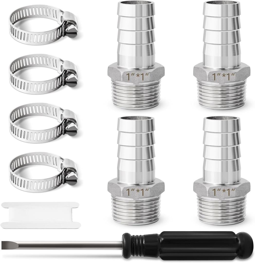 Barbed Hose Fittings, Josaton Stainless Steel 1" Hose Barb to 1" Male NPT Home Brew Fitting Water Fuel Air, Hose Barb Fittings Air Hose Repair Kit, Barbed Adapter with Hose Clamp, 10PCS