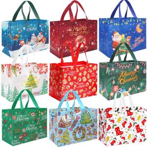 Viaecone 9-Pack Christmas Gift Bags Large 12.8x9.8x6.7 Inches - Holiday Party Favor Tote Bags, Non-Woven Reusable Treat Bags for Xmas Presents, Decorations