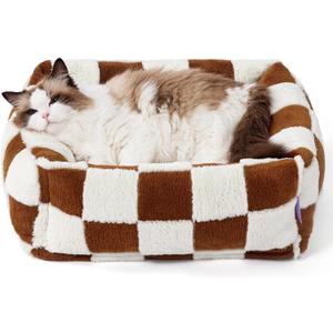 LE SURE Cute Dog Bed for Small Dogs & Cats- Washable Puppy Beds,Cozy Rectangle Orthopedic Pet Sofa with Jacquard Shaggy Plush & Anti Slip Bottom,20x19x6inches (Brown Checks)