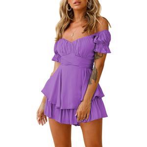 Fixmatti Women Boho Romper Off Shoulder Ruffle Chiffon Shorts Jumpsuit Playsuits, Small