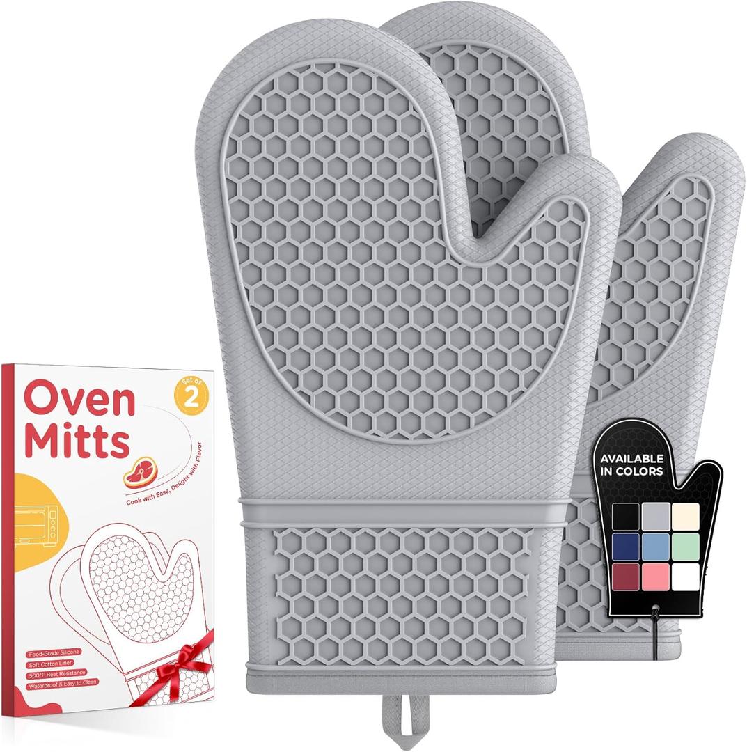 Kitsure Silicone Oven Mitts, Set of 2, Heat Resistant, Oven Gloves with Soft Lining, Non-Slip Kitchen Essentials, Kitchen Gadgets, Apartment Essentials, Great Gift for Cooking, Baking, 11.42"x7.09", Gray