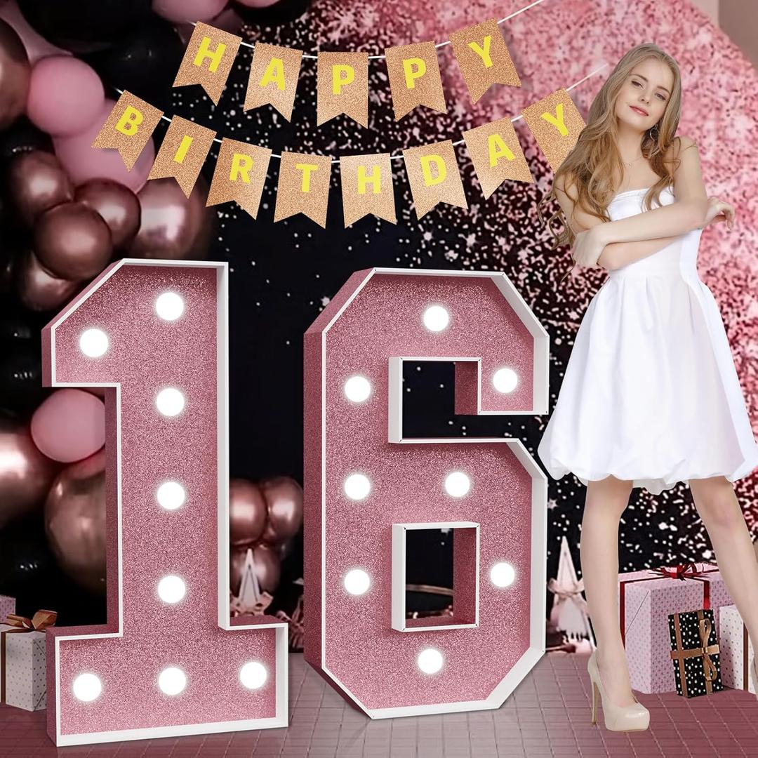 Marquee Numbers Pink 16th-Birthday Decorations: Large 3ft Light Up Number Rose Gold Sweet 16 Party Decoration for Boy Girl Sixteen Year Old Decor Party Backdrop Anniversary Big Mosaic Number 16