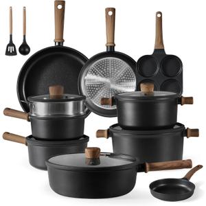 CAROTE Nonstick Kitchen Cookware Sets, Non stick Pots and Pans set, Induction Cookware Set 17pcs Black