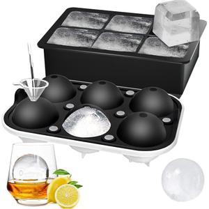 ROTTAY Ice Cube Trays (Set of 2), Sphere Ice Ball Maker with Lid & Large Square Ice Cube Maker for Whiskey, Cocktails and Homemade, Keep Drinks Chilled Black