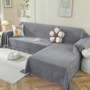 OstepDecor Sectional Couch Covers 2 Pieces, L Shaped Sofa Cover, Chenille Couch Cover for Dogs Washable, Couch Cover Blanket, Sofa Slipcover for 2-3 Cushion Couch (71"x102"+71"x118", Dark Grey)