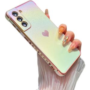 ZTOFERA for Samsung Galaxy S21 FE Case 6.4 inch,Cute Colorful Iridescent Plating Edge Case with Love Hearts Pattern,Camera Lens Protection Shockproof Phone Case for Women Girls,Iridescent White