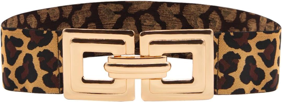 LJCZKA Wide Belts for Women Fashion Hollow Out Square Gold Buckle Stretchy Belt Waistband for Ladies (Fit waist size 37"-41", Leopard)