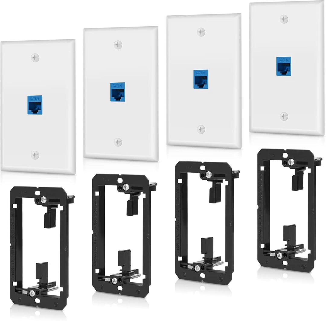 4 Pack Ethernet Wall Plate 1 Port Keystone Jack Blue Cat6 RJ45 Coupler Outlet Connector with Single Gang Low Voltage Mounting Bracket