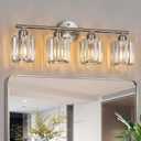 Modern 4 Light Crystal Vanity Light, Brushed Nickel Vertical Bathroom Light Fixture Over Mirror for Dressing Table Sink, Compatible with Dimmable Bulbs (Bulbs Not Included)
