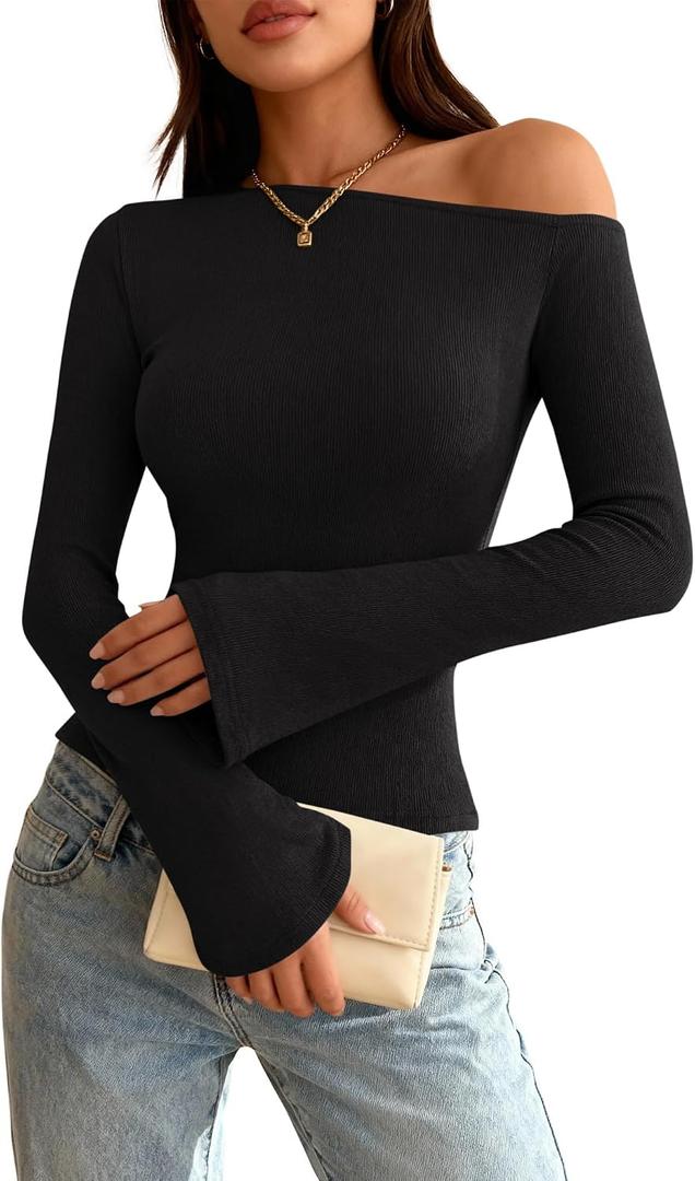 Zenlonr Long Sleeve Shirts for Women 2025 Fall Off The Shoulder Tops Casual Slim Fitted Knit T-Shirt Y2K Clothes (Black, M)