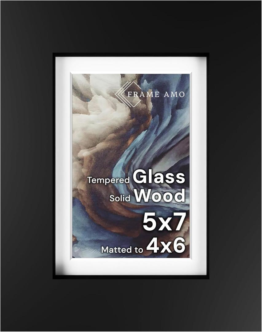 Frame Amo 5x7 Black Solid Wood Picture Frame, White Mat for 4x6 Image, Tempered Glass Front, 1.5 inch Wide, 1 inch Thick, High-End, Heavy-Duty, Gallery Grade & Acid-Free