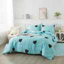 Caressma Love Pattern Girls Comforter Set Queen Size, Sky Blue Cute Love Heart Print Comforter Bedding Set for All Seasons, Geometric Soft Microfiber 3 Pieces Comforter Set with Pillowcases