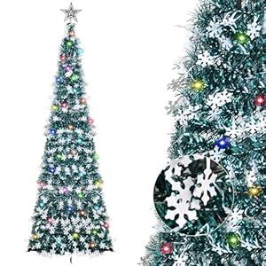 6FT Pop-up Christmas Tree-Collapsible Prelit Christmas Artifitial Snowflake Pencil Tree with 3D Star for Xmas Decor Holiday Party Decorations