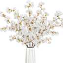 Sunm Boutique Silk Cherry Blossom Branches, Artificial Cherry Blossom Tree Stems Faux Cherry Flowers Vase Arrangements for Wedding Home Decor, Set of 5 (White)