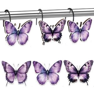 Sawysine 12 Pcs Purple Butterfly Shower Curtain Hooks Set Wood Decorative Purple Butterfly Bathroom Decor Accessories Lilac Spring Shower Curtain Hangers for Bathroom Bedroom Living Room