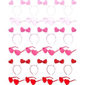 24 Piece Valentine's Day Heart Headbands and Sunglasses Set for Women and Men, Party Photo Props for Wedding, Birthday (Pink, Rose Red, Red)