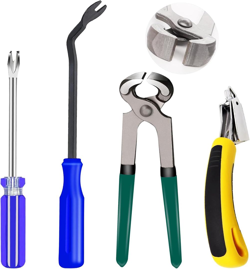 4Pcs Upholstery Staple Remover Tool Set Including 7inch End Cutting Plier,V Tip Tack Puller,U Tip Tack Puller,Staple Remover,Nail Puller Carpet Remover for Furniture Floor Photo Frame