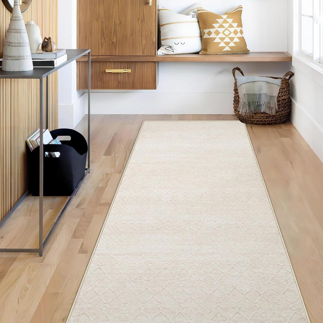 Runner Rug 2x6 Boho Geometric Area Rugs: Small Washable Kitchen Entryway Rug, Soft Non Slip Moroccan Long Hallway Rugs for Bedroom Bathroom Laundry Entryway Staircase Foyer(Modern Beige,2'x6')