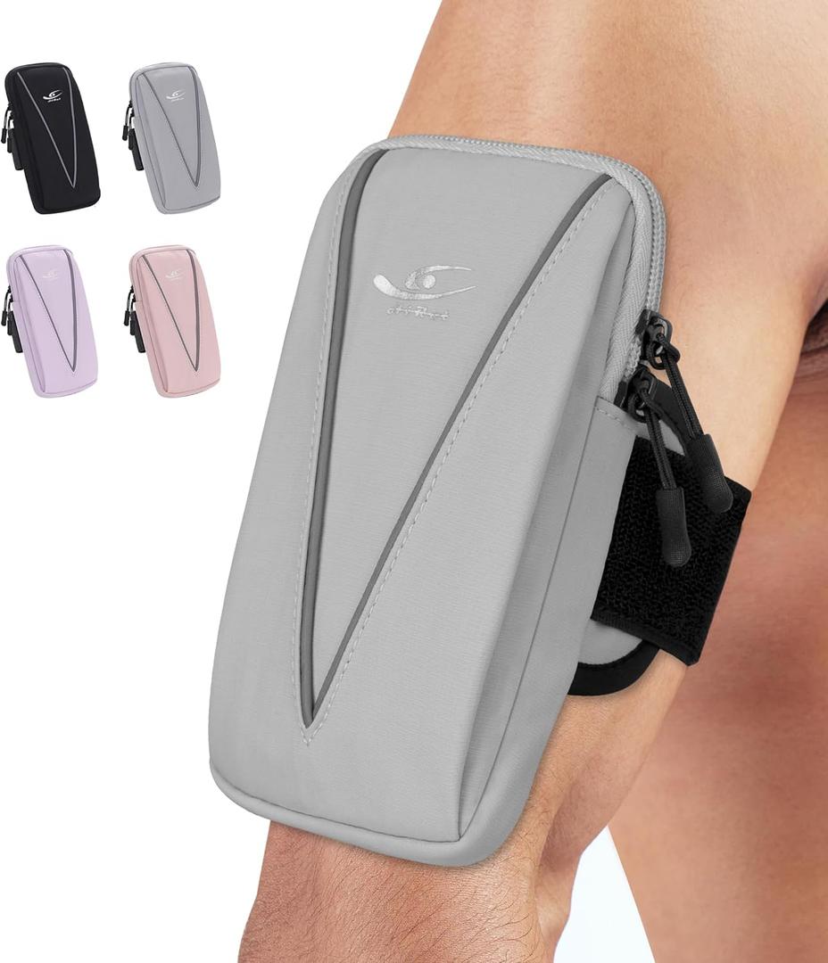 HiRui Cell Phone Holder Arm Bag & Wrist Bag for Phone, Sports Running Armband for Gym & Cycling, Compatible with iPhone 17/17Pro/Plus/16/15 Samsung Galaxy All Phones, Reflective & Adjustable (Gray)