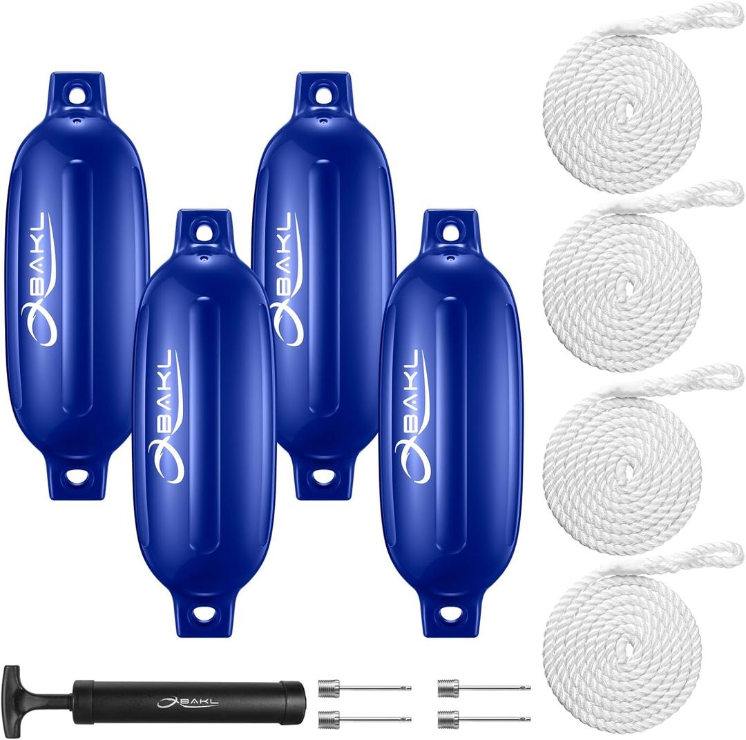 Boat Fenders 4 Pack 4.5 x 16 Inches Ribbed Twin Eyes Boat Fenders Bumpers for Docking, Comes with Ropes and Pump to Inflate