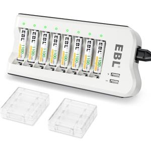 EBL AA AAA Battery Charger with AAA Rechargeable Batteries - 1100mAh NIMH AAA Battery Triple A Battery 1.2V 8 Packs and 8 Bay Battery Charger Independent Charger Combo