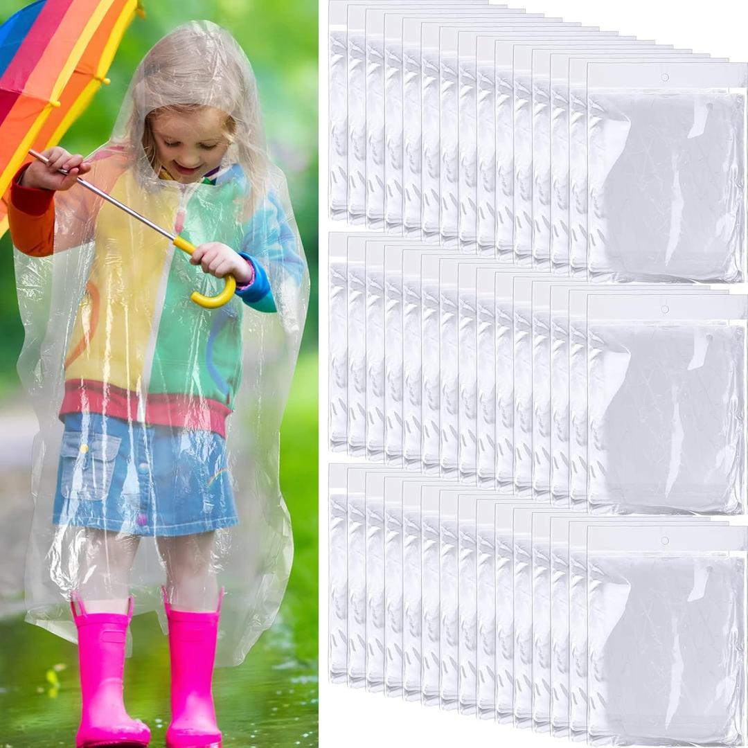 100 Pcs Disposable Rain Ponchos Bulk for Kids Emergency Ponchos with Hood Plastic Raincoat for Girls Boys Traveling Camping Hiking Amusement Parks Outdoors Activities