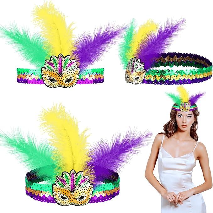WILLBOND 3 Pcs Mardi Gras Headband Sequins Glitter Hair Band for Masquerade Mask Party 1920s Carnival Party Headwear(Eye Mask)